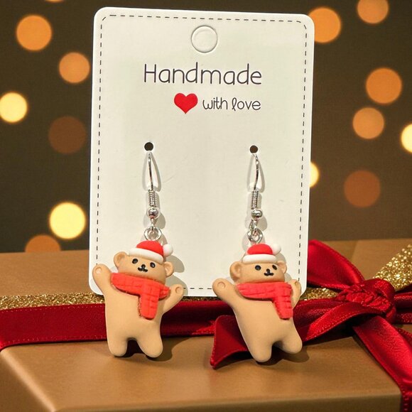 Handmade Teddy Bear Earrings | Christmas Earrings | Polymer Clay Holiday Jewelry - Picture 5 of 8